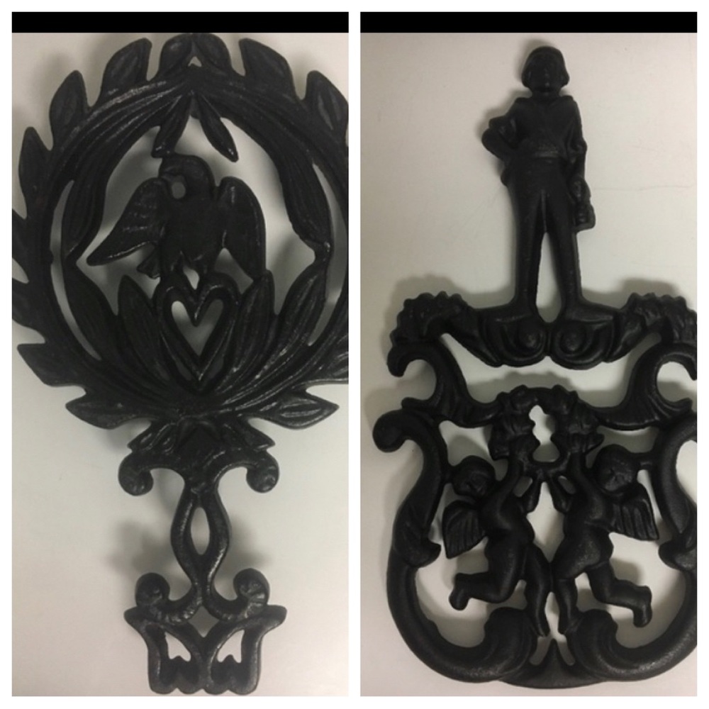 Wilton Cast Iron T-11 Cupid and Eagle & Laurel Wreath Design Trivets Set of Two